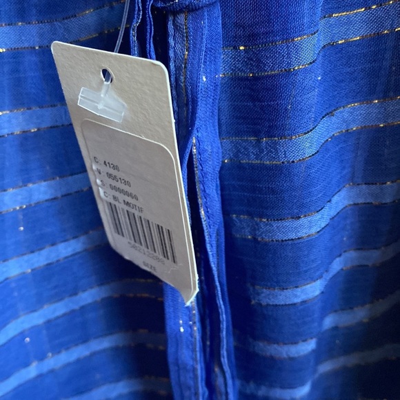 MISA Ambrosia Ruffle Hem Striped Midi Dress‎ Metallic Gold Royal Blue Tiered NEW - Picture 11 of 14